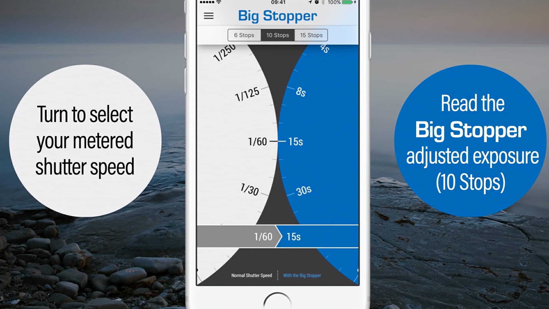 Big Stopper display for shutter speed in the LEE Stopper App